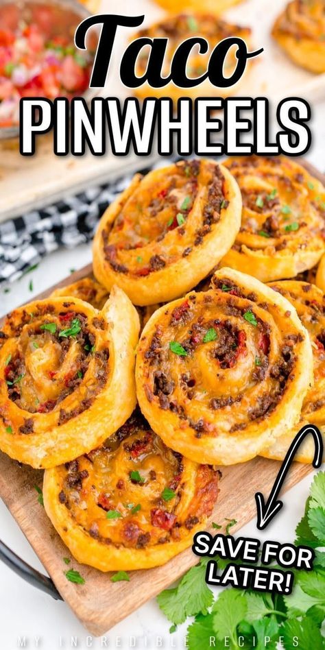 Taco pinwheels are the most delicious and easy snack, appetizer, or lunch! These pinwheels are made with Mexican seasoned beef, Mexican cheese, and puff pastry for the perfect dish that everyone will enjoy. These pinwheels are great for Taco Tuesday or as a fun Cinco de Mayo appetizer. They're also great for dipping in your favorite salsa or Mexican cheese! Make these amazing taco pinwheels today! Refried Bean Pinwheels, Fiesta Theme Snacks, Appetizer Recipes With Tortillas, Taco Wreath Crescent Rolls, Fiesta Potluck Ideas, Mexican Snacks For Kids, Easy Mexican Appetizers For A Party, Mexican Themed Appetizers, Mexican Food Potluck Ideas