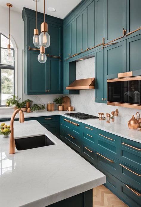 Green Lower Cabinets White Upper, Dark Teal Kitchen, Kitchen Cabinets Dark Wood, Teal Kitchen Cabinets, Teal Cabinets, Best Patio Furniture, Teal And Copper, Kitchen Cabinets Ideas, Two Tone Kitchen Cabinets