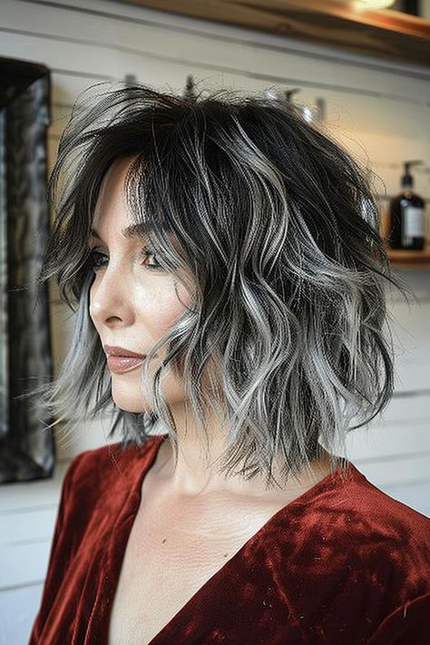 Grey Hair Shoulder Length, Chunky Highlights On Short Hair, Salt And Pepper Hair With Bangs, Blending Gray Hair Brunettes Short, Steel Gray Hair, Black And Gray Hair, Choppy Bobs, Layered Curly Haircuts, Best Curly Haircuts