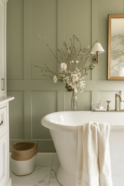 16 Awesome Budget Bathroom Remodeling Ideas Green Powder Room Vanity, Sage Green In Bathroom, Light Sage Bathroom Walls, Small Sage Bathroom, Sage Green Powder Room Ideas, All Green Bathroom, Laundry Room Ideas Green, Green Accent Wall Bathroom, Sage Bathroom Ideas