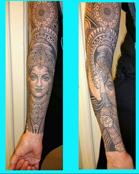 Saraswati tattoo. Black and grey sleeve tattoo. Beautiful tattoo. Saraswati Hindu goddess tattoo by anderson luna @saved tattoo in brooklyn. Hindu Tattoo Sleeve, Saraswati Goddess Tattoo, Indian Goddess Tattoo, Hindu Goddess Tattoo, Indian God Tattoo, Kali Goddess Tattoo, Hindu God Tattoo, Saraswati Tattoo, Lakshmi Tattoo