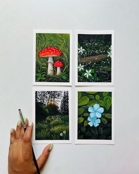 I want to go back to painting greens!!!🍃🍄🌼 Mini A6 sized gouache paintings from long back. [cottage core, countryside, nature paintings, landscape, forest, artwork, artist] #gouache #gouachepaintings #forest #naturelovers #painting #artist #artworks #ａｅｓｔｈｅｔｉｃ Mini Gouache Painting, Cottage Core Drawings, Aesthetic Nature Painting, Artworks Aesthetic, Acrylic Nature Painting, Cottage Core Painting, Canvas Painting Nature, Drawing Diary, Polaroid Painting