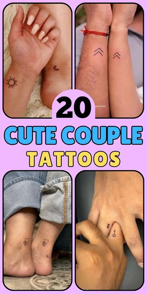 Explore 18 sweet and symbolic tattoo ideas that perfectly capture the essence of your relationship. This collection features a range of designs, from classic heart symbols to unique musical note pairings, offering something special for every couple. Whether you're newlyweds looking for matching wedding tattoos or long-time partners wanting to celebrate your journey, you'll find inspiration here. These tattoos go beyond mere aesthetics, each telling a unique story of love and commitment. Perfect for couples who want their ink to have deeper meaning. Discover how these thoughtful designs can become beautiful, permanent symbols of your shared love and experiences. Mini Tattoos For Couples Ring Finger, I’m All Yours And Your All Mine Tattoo, Small Tattoos For Couples Unique, Matching Wedding Tattoo Ideas, Tattoo Couples Aesthetic, Tiny Tattoos Husband And Wife, Tattoo Ideas For Partners, Parents And Daughter Tattoo, Micro Tattoos For Couples