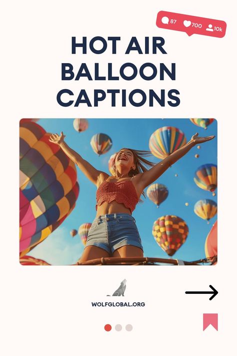 Woman with arms raised, celebrating amidst hot air balloons, with social media icons.
A checklist of inspirational phrases related to flying and adventure with a call-to-action button.
A woman smiling at a laptop surrounded by social media icons, promoting an Instagram engagement pod. Hot Air Balloon Instagram Caption, Balloon Glow, Air Balloon Festival, Hot Air Balloon Festival, Balloon Pictures, Sting Like A Bee, Balloon Flights, Catchy Phrases, Ig Captions