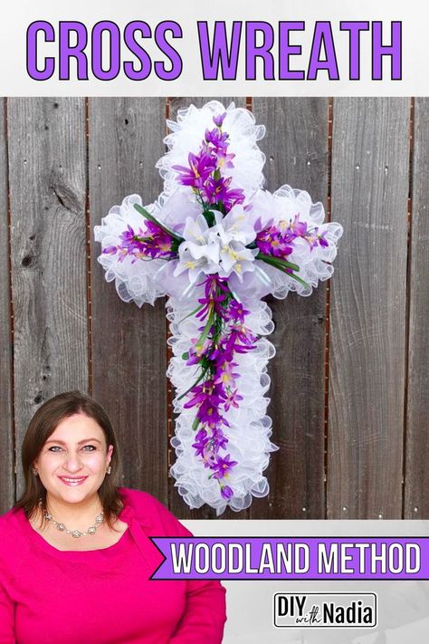 Deco Mesh Easter Cross Wreath Woodland Method | Dollar Tree Step by Step Wreath DIY Tutorial Deco Mesh Cross Wreaths, Dollar Store Cross Wreath Diy, Cross Wire Wreath Diy, Cross Wreaths For Front Door Diy, Tulle Cross Wreath Diy, Dollar Tree Cross Wreath Form Ideas, Cross Deco Mesh Wreaths, Deco Mesh Cross Wreath Tutorial, Deco Mesh Crosses