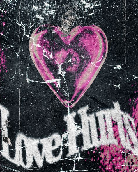 Love Hurts poster design featuring a grunge look, a heart, textures, and abstract typography Heart Typography Graphic Design, Grunge Branding Design, Grunge Typography Poster, Grunge Graphic Design, Grunge Heart, Abstract Typography, Grunge Typography, Flower Typography, Typeface Poster