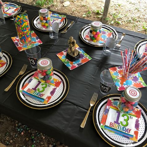 Bolling With 5: Paintball Party Food And Decorations! Paintball Party Cake Ideas, Gelly Ball Birthday Party, Paintball Birthday Party Decorations, Paintball Party Decorations, Gellyball Birthday Party Ideas, Paintball Themed Birthday Party, Paint Ball Party Ideas, Gellyball Party, Paintball Party Ideas