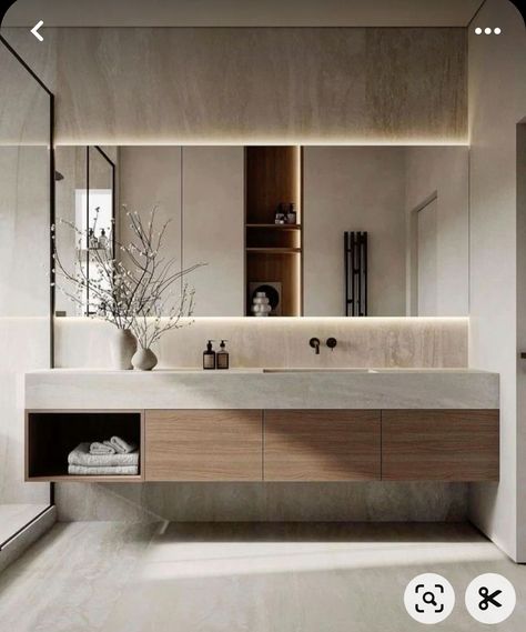 Long Restroom Ideas, Minimalistic Modern Bathroom, Wc Mirror Ideas, Modern Bathrooms 2024, Restroom Design Ideas, Ltk Home, Hotel Bathroom Interior Design, Patina Bathroom, Modern Natural Bathroom