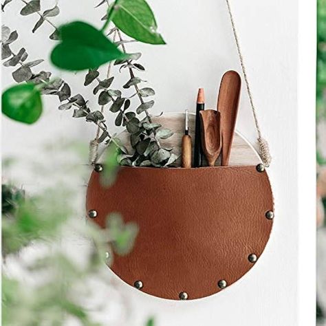 RISEON Handmade Boho Leather Wall Pocket Wall Hanging Decorative Storage Organizer,Natural Rustic Wall Plant Holder Pouch,Small Wall Displsy Bin Organizer : Amazon.ca: Office Products Leather Decor Ideas, Pocket Wall Hanging, Organizer Amazon, Wall Pocket Organizer, Wall Plant Holder, Diy Leather Projects, Leather Wall, Leather Diy Crafts, Leather Scraps