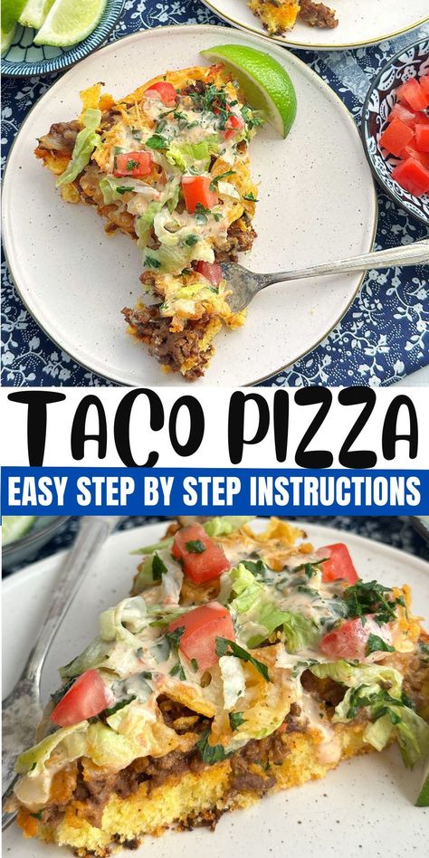 This skillet taco pizza recipe might just become a new favorite in your house! A tasty cornbread crust is topped with ground beef and your favorite taco toppings. via @foodtasticmom Skillet Taco, Quick Pizza Recipes, Calzone Recipes, Taco Pizza Recipe, Cornbread Crust, Quick Beef Recipes, Taco Thursday, Taco Tuesday Recipes, Tuesday Recipes