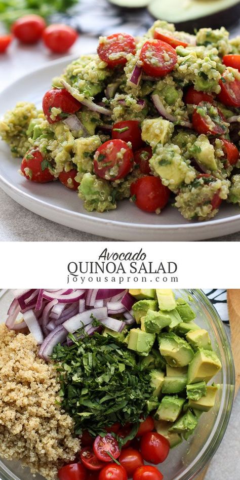 Avocado Quinoa Salad - a healthy, low carb and delicious salad meal or side dish! Avocados tossed with quinoa, tomatoes, red onions, and lime juice. Easy weeknight dinner! #salad #avocado #quinoa #tomato #healthy #lowcarb #dinner #recipe #joyousapron Healthy Steak Recipes, Quinoa Avocado Salad, Healthy Steak, Recipes Avocado, Salad With Tomatoes, Avocado Quinoa, Pumpkin Recipes Healthy, Healthy Low Carb, Main Dish Salads