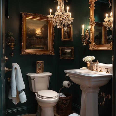 Dark Green Victorian Bathroom, Small Bathroom Ideas Moody, Small Dark Academia Bathroom, Dark Moody Half Bathroom, Dark Academia Aesthetic Bathroom, Dark Academia Powder Room, Moody Restroom, Dark Vintage Bathroom, Dark Academia Home Aesthetic