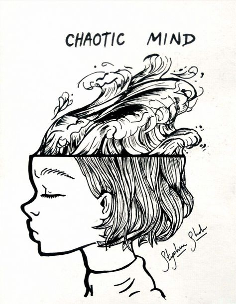 HER MIND IS A CHAOS Chaos Sketch Drawings, Thoughts Coming Out Of Head Drawing, Chaos Head Tattoo, Add As A Drawing, Busy Mind Art, Busy Mind Drawing, Full Mind Drawing, Mind Drawing Thoughts, Open Minded Drawing