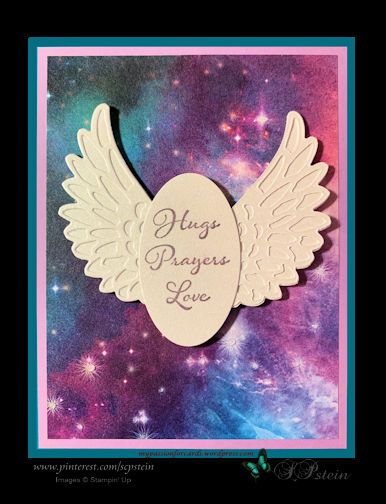 Final sympathy card for the recent passing of a member of our extended family. This one is for his wife and is created with a special paper that I found at Hobby Lobby, which reminded me of a starry sky. Even though it does not show up in the picture, I used glitter glue on the stars. The wings are from Stampin' Up Detailed Dove dies and the paper is a shimmery pearl card stock. The sentiment is from Stampin' Up Positive Thought. Wings Of An Angel, Wings Card, Angel Silhouette, Sympathy Cards Handmade, Angel Card, Silhouette Cards, Positive Thought, Flowers Paper, Handmade Flowers Paper