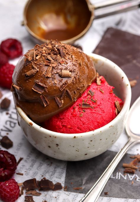 Chocolate & Raspberry Sorbet – Your New Addiction Black Raspberry Ice Cream Recipe, Italy In December, Raspberry Swirl Ice Cream, Chocolate Raspberry Ice Cream, Blackcurrant Sorbet, Raspberry Ripple Ice Cream, Chocolate Sorbet, Raspberry Desserts, Raspberry Sorbet