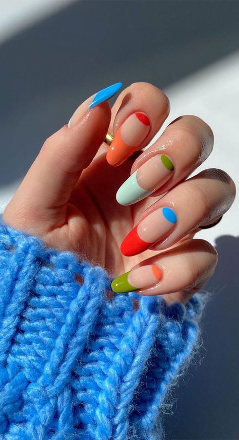 15. Vibrant Colour Block Frenchies Do you like getting manicures? I always say yes! Everyone loves a nice manicure, some ladies like barely-there nail polish... Deco Nails, Color Block Nails, Her Nails, Nail Styles, Nagel Inspo, Elegant Nails, Classy Nails, Funky Nails, Chic Nails