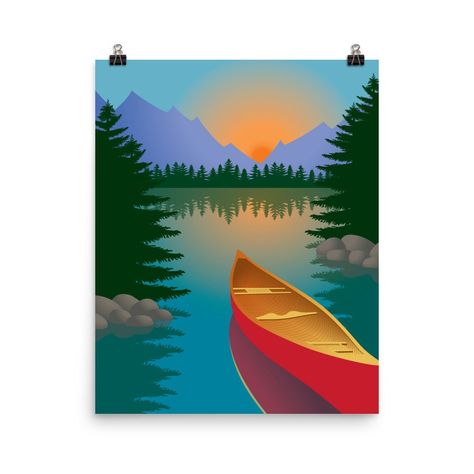 This rustic wall art shows a red canoe, ready to launch, and explore a beautiful mountain lake surrounded by a forest landscape. It was inspired by a trip to Montana, and the beautiful mountains and lakes of the Big Snowy Mountains. Reminiscent of a vintage travel poster, this striking art print would add to many styles of home decor; the living room of rustic farmhouse, over the fireplace in a mountain cabin, or to decorate a man cave or home office. It would make a great gift for Father's Day, or for your favorite adventurer and world traveler.  Photography and fine art prints are printed and shipped by Printful. Museum-quality posters made on thick and durable matte paper. Add a wonderful accent to your room and office with these posters that are sure to brighten any environment. - Pape Diy Watercolor Painting, Forest Wall Art, Rustic Wall Art, Diy Watercolor, Forest Landscape, Rustic Wall Decor, Vintage Travel Posters, Poster Making, Vintage Travel