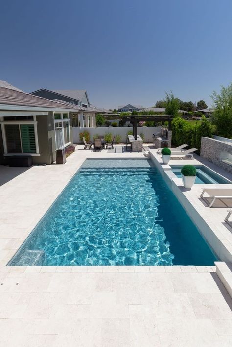 StoneScapes Regular Pebbles Aqua White | NPT Pool Finishes Baja Step Pool Ideas, Pool Designs Rectangular, Sandstone Pool Surround, White Pool Ideas, Modern Rectangle Pool With Spa, White Pool Plaster, White Plaster Pool Finish, Rectangular Pools Backyard Inground, 12x24 Pool Inground