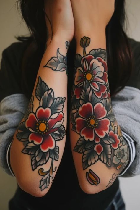 Homepage 1 Full Color Sleeve Tattoo, Unique Sleeves Design Tattoo, Polish Flowers Tattoo, Traditional Knee Frame Tattoo, Colorful Sleeves For Women Tattoo, Dani Queipo Tattoo, Picture Frame Tattoo Traditional, Feminine Neo Traditional Tattoo, Women’s Traditional Sleeve Tattoo