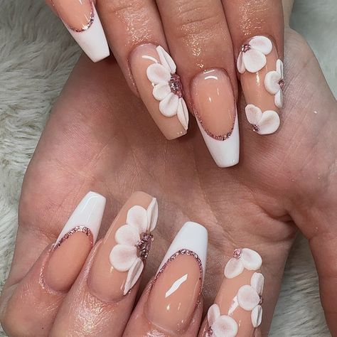 3d acrylic flower french tip nails 🌸🤍 acrylic fill w/ nail art done on @kennedydav1s_ <3 @youngnailsinc - cover pink - speed white @dndgel @dndgel.europe - dc 056 white chalk - dc 212 cute pink platinum #3dflowernails #3dflower #3dflowers #3dflowernailsart #3dacrylicflowers #3dacrylicnailart #boujeenails #promnailinspo #weddingnailinspo #whitenails #whitenailsdesign #nails #nailsnailsnails #nailsofinstagram #nailsart #nailstagram #nailinspiration #nailinspo #acrylicnailinspo #showscratc... Flower French Tip Nails, Flower French Tip, 3d Acrylic Nails, 3d Flower Nails, Acrylic Flower, Tip Nails, White Chalk, Acrylic Flowers, Nail Pro