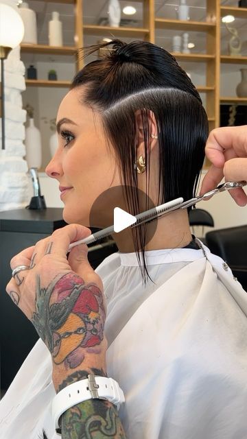 Chris Jones on Instagram: "This was a fun one 🙂

When @rachel.eggie wants you to cut her hair you say YES! 

We decided on something a little more on the blunt side. Since 90% of the time all one length doesn’t have the best shape, we took bulk out of the back, texturized the rest and worked with the long bangs she already had 😊

Kept it simple and I think it turned out great!

#hair #bobhaircut #hairvideos #haircut #hairtutorial #hairideas #hairvideo #shorthair #lobhaircut #airlightpro" Chin Length Hair Dark, Blond To Black Hair Transformation, Dark Lob Haircut, Chris Jones Hair, Grown Out Bob, Long Shaggy Pixie, Bob With Long Bangs, Long To Short Hair Transformation, Tone Hair At Home