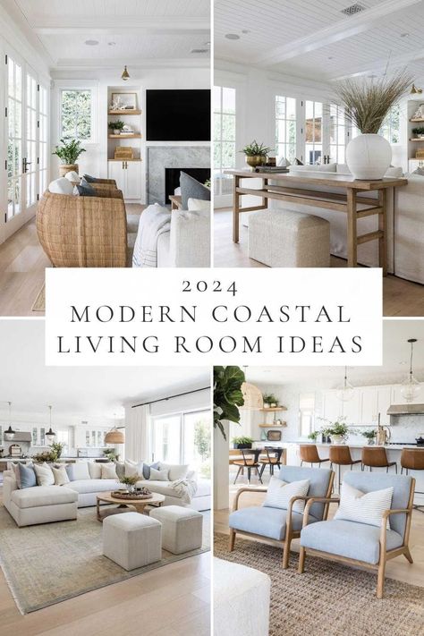 Beautiful modern coastal living room ideas for 2024, with designer inspiration, decorating ideas, organic modern living room ideas, California casual design, beach house style, coastal modern decor, family rooms, TV room ideas, and more Modern Coastal Living Room Ideas, Coastal Modern Living Room, Modern Decorating Ideas, Modern Coastal Interior, Coastal Decorating Ideas, Modern Coastal Interior Design, Modern Coastal Living Room, Coastal Interior Design, Modern Decorating