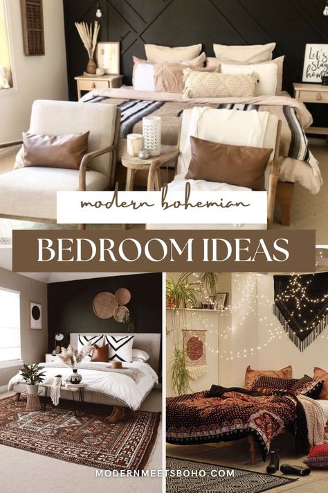 These modern bohemian bedroom ideas will show you how to fuse these design elements together to create a warm yet refined space. Boho Bed Decor Ideas, Black Bed Boho Bedroom, Boho Bedroom For Couples, Black Tan And Cream Bedroom, Boho Bedroom With Black Accents, Boho Bedroom With Fireplace, Boho Black Bedroom, Bohemian Minimalist Bedroom, Modern Boho Bedroom Ideas