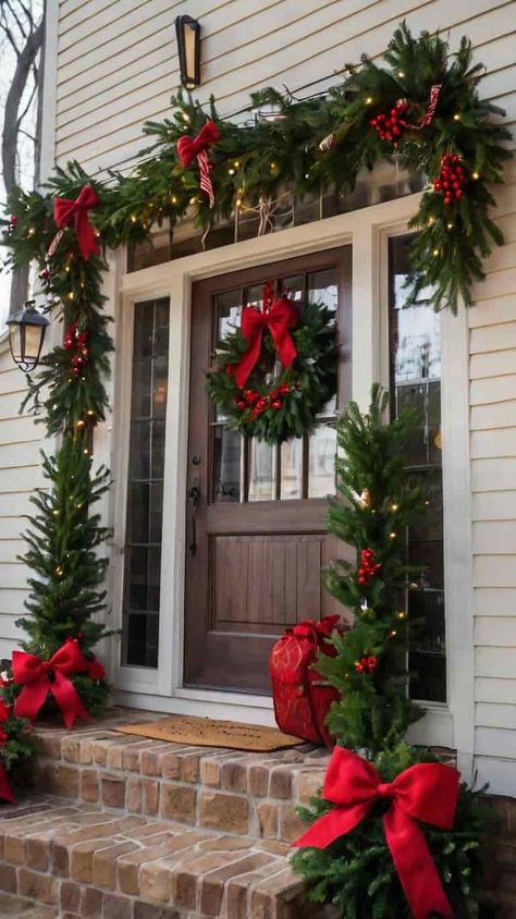 Christmas Garland On Stairs, Wallpapers Christmas, Christmas Decorations Ideas, Luxury Christmas Decor, Christmas Entryway, Front Door Christmas Decorations, Wallpaper Christmas, Christmas Flower Arrangements, Christmas Wallpapers