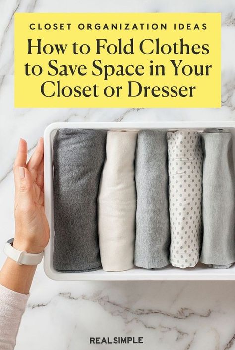 To maximize real estate in your closet or dresser, learn how to fold clothes to save space. Here, a pro organizer walks us through the clothes-folding techniques that max out storage space. Folding Cardigans To Save Space, Fold Tshirts Save Space, Folding Sweaters To Save Space, Folding Cardigans, How To Fold Shirts To Save Space, Folding Sweaters, Folding Clothes To Save Space, Fold Clothes To Save Space, Hang Sweaters