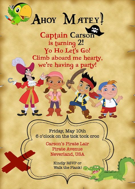 paper jake and the neverland pirates birthday invitations templates Pirate Party Invitations Template, Birthday Invitations Templates, Pirate Party Invitations, Pirate Birthday Invitations, Pirate Invitations, Jake And The Neverland Pirates, Neverland Pirates, Pirate Theme Party, Pirate Birthday Party