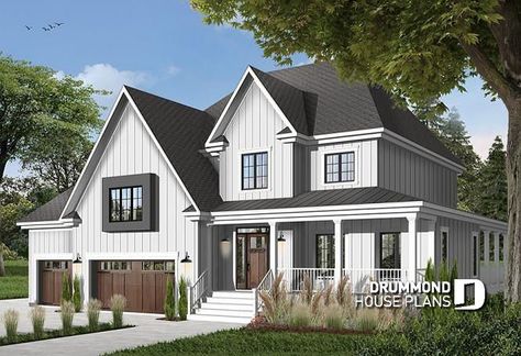 House plan W3423 by drummondhouseplans.com Vacation House Plans, Drummond House Plans, Two Story House Plans, Garage House Plans, Farmhouse Style House Plans, Country Style House Plans, European House, Modern Farmhouse Exterior, Up House