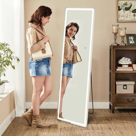 Full Length Mirror with LED Lights, 64"x21" Lighted Floor Standing Mirror with Stand Decor Full Length Mirror With Led Lights, Floor Length Mirror, Floor Standing Mirror, Standing Jewelry Armoire, Mirror Jewellery Cabinet, Lockable Storage, Full Length Mirror Wall, Mirror With Led Lights, Frameless Mirror