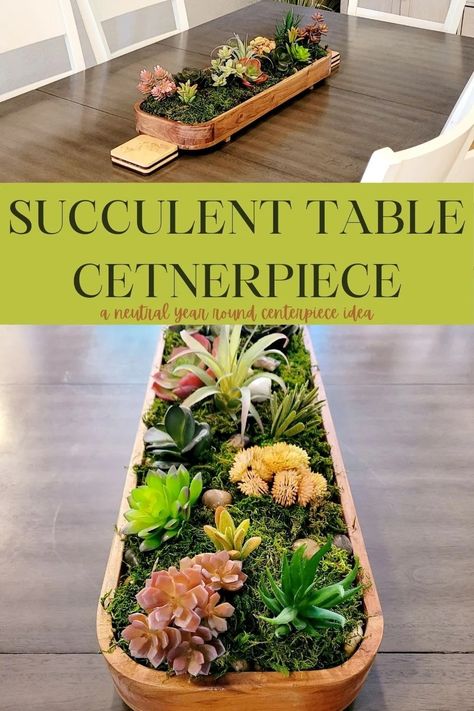 Beautiful Succulent Table Centerpiece | A Neutral and Year Round Centerpiece Idea Small Entryway Organization, Succulent Table Decor, Diy Succulents Centerpiece, Succulent Table, Dough Bowl Centerpiece, Succulent Bowls, Mom Activities, Succulent Centerpieces, Wooden Dough Bowl