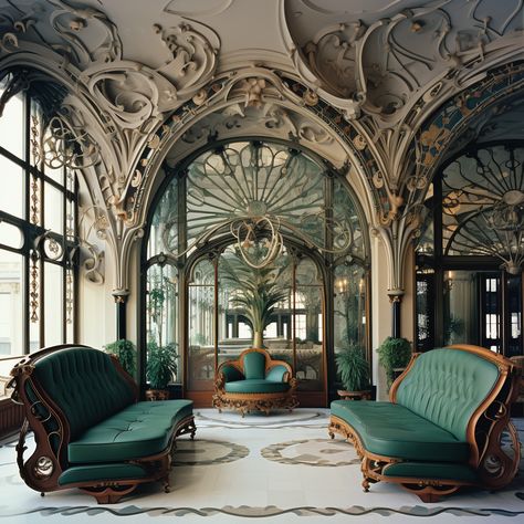 Art Nouveau: An ornamental style characterized by flowing lines, organic forms, and intricate details. Art Nouveau Dark Academia, Art Nouveau Mansion, Art Nouveau Living Room Interior Design, Art Nouveau Couch, Art Nouveau Cafe, Art Nouveau Architecture Interior, Art Nouveau Interior Design, Art Nouveau Living Room, Surreal Architecture