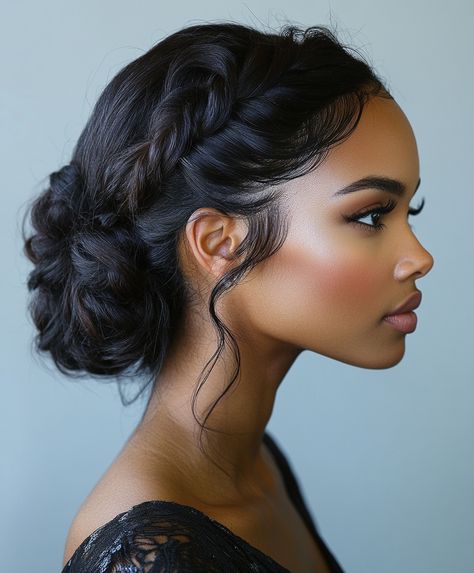 🔮 Elegant Bridesmaid Braid Updo Glamorous Braids Updo Hairstyle Afro Bridesmaid Hairstyles, Black Hair Wedding Styles Brides, Low Bun Face Framing Pieces, Wedding Hair Bun Low, Black Woman Updo Hairstyles, Black Hair Updo Hairstyles Classy, Twisted Bun Hairstyles, Bride Hairstyles For Black Women, Wedding Updo Black Women