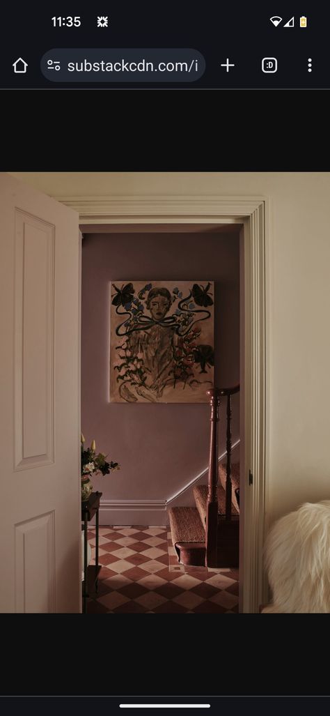 Hallway (Dark/north facing) Mylands Soho Pink walls, ceiling and skirting. Marble matt emulsion Paper and Paints Porphyry Red water-based gloss on stairs. Farrow and Ball Bancha on door. Lucy Williams house Dark Pink Ceiling, Dark Pink Hallway, Maroon Hallway, Red Hallway Ideas, Small Dark Hallway, Dark Green Ceiling, Pink Hallway Ideas, Farrow And Ball Bancha, Front Door Farrow And Ball