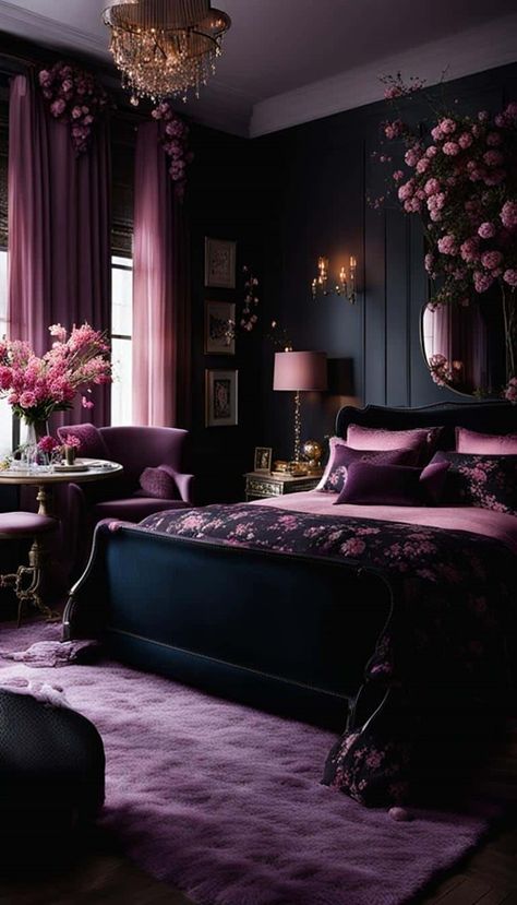 Dark Purple And Black Bedroom, Dark Purple Room Aesthetic, Pink And Black Bedroom Aesthetic, Dark Purple Bedroom Walls, Eggplant Bedroom, Dark Bedroom Ideas Cozy, Moody Purple Bedroom, Decadent Bedroom, Purple Gothic Bedroom