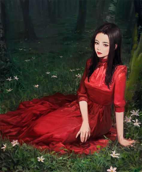 South Korean Artist Park Pyeongjun Creates Superb Fantasy And Sci-Fi Illustrations Red Dress Drawing, Wlw Art, Arte Fantasy, Korean Artist, Illustration Girl, Dark Beauty, Manga Girl, Beautiful Artwork, Female Art