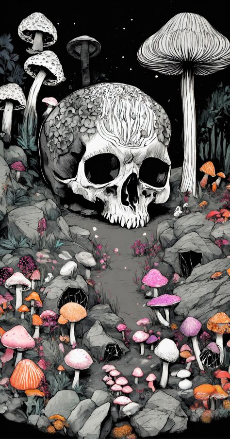 Mushroom Phone Wallpaper, Skulls And Mushrooms, Skater Life, Desktop Wallpaper Hd 1080p, Mushrooms Wallpaper, 2023 Wallpapers, Pretty Phone Backgrounds, Colorful Skull Art, Trippy Iphone Wallpaper