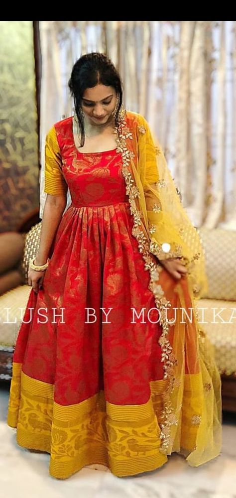 Saree Long Frock Designs, Red Blouse Design, Maxi Frocks, Long Blouse Designs, Frock Designs, Long Frock Designs, Long Frock, Salwar Designs, Half Saree Designs