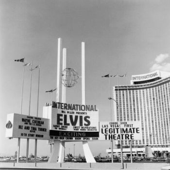 August 1969:  The sign for the International Hotel and Casino, advertising a performance by Elvis Presley, in Las Vegas, Nevada. Also performing were the Ike and Tina Turner Revue, Wayne Cochran, and Sammy Shore.  (Photo by Frank Edwards/Fotos International/Getty Images) (Getty Images) Elvis Presley House, Frank Edwards, Ike And Tina Turner, Vegas Shows, Chuck Berry, Las Vegas Hotels, Graceland, Rock N, Elvis Presley