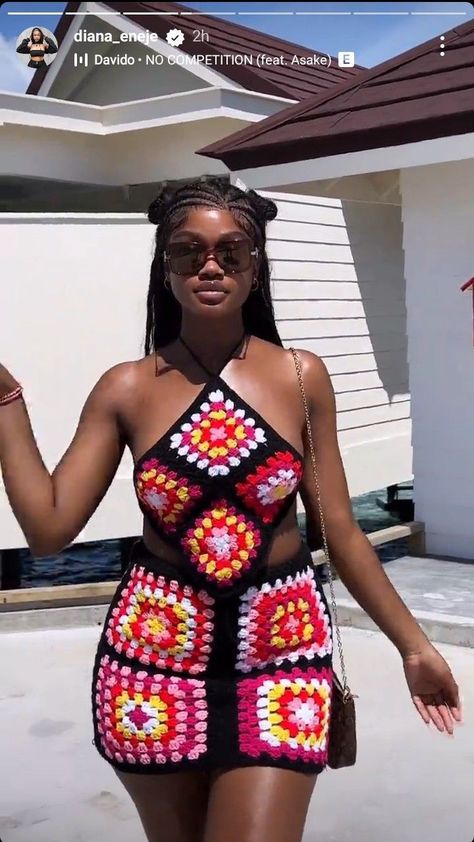 Love it Cute Two Piece Outfits Crochet, Crochet Crop Top Outfit Ideas, Long Crochet Skirt Outfit Ideas, Crochet Crop Top And Skirt, Crocheted Two Piece, Crochet Two Piece Outfit Summer, Crochet Sets Black Women, Crochet Two Piece Outfit Skirts, Crochet Baggy Shorts