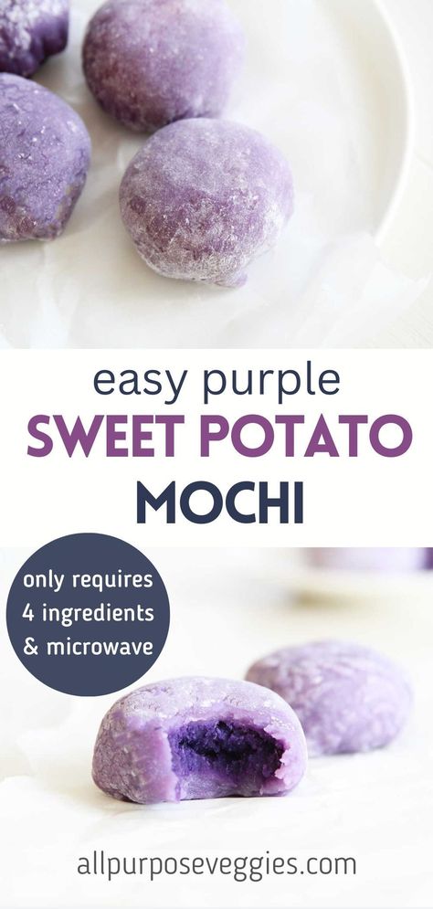 Purple Sweet Potato Mochi, Okinawa Sweet Potato Recipes, Purple Sweet Potato Recipes Desserts, Japanese Sweet Potato Dessert, Okinawan Sweet Potato Recipes, Japanese Purple Sweet Potato Recipe, Mochiko Flour Recipes, Sweet Rice Flour Recipes, Sweet Potato Mochi Recipe