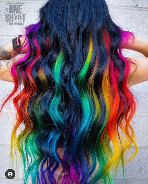 Vibrant Color Highlights, Black Hair With Rainbow Highlights, Black And Rainbow Hair, Rainbow Peekaboo Hair, Dark Rainbow Hair, Bright Coloured Hair, Rainbow Dyed Hair, Rainbow Hair Extensions, Neon Hair Color