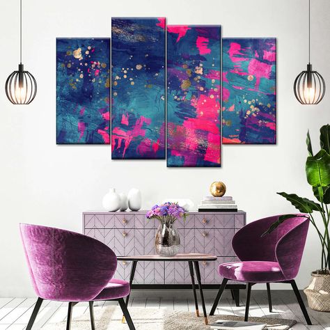 Jewel Tone Living Room, Magenta Walls, Abstract Wall Art Painting, Spring Wall Art, Pink Living Room, Colourful Living Room, Living Room Canvas, Unique Canvas, Multi Panel Canvas