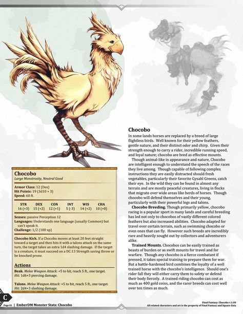 Final Fantasy Bestiary, D&d Creatures, Dnd Creatures Homebrew, Dnd Mounts, Dnd Familiar, Dnd Pets, Final Fantasy Chocobo, Dnd Animals, Dnd Creatures