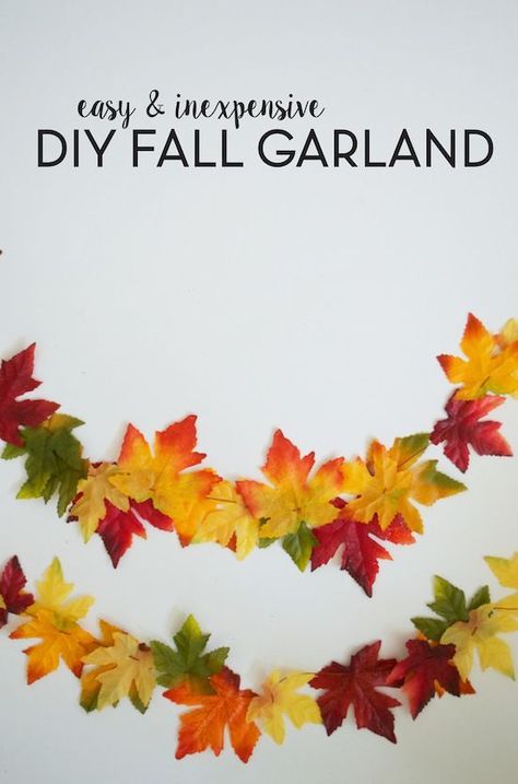 Easy & Inexpensive DIY Fall Garland. Made from dollar store leaves! Thanksgiving Decor | Fall Craft Idea Leaves Classroom Theme, Nature Candles, Fall Garland Diy, Diy Projects For Fall, Childminding Ideas, Leaf Printing, Autumn Farmhouse, Autumn Leaves Craft, Diy Girlande