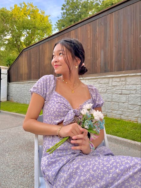 flowers; bouquet; fashion; lavendar dress; hair inspo; fit inspo; pic inspo; aesthetic Flower Sundress Aesthetic, Purple Floral Outfit, Lavender Dress Outfit Casual, Lavender Dress Aesthetic, Purple Cottagecore Dress, Lavender Fits, Lavender Dress Outfit, Lavender Sundress, Purple Dress Aesthetic