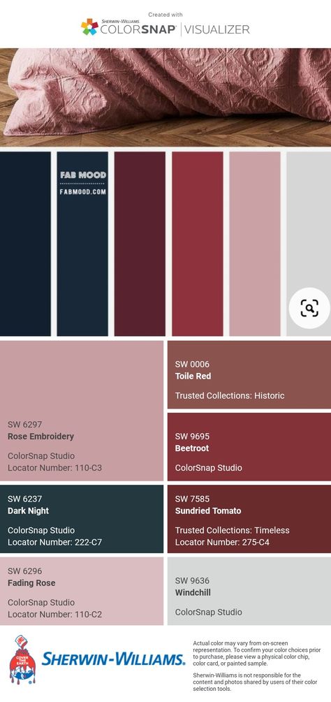 I just created this color palette with the Sherwin-Williams ColorSnap® Visualizer app on my Android phone. What do you think? You can learn more about ColorSnap Visualizer and get it on your phone free by visiting https://www.sherwin-williams.com/content/colorsnap.html. Pink And Burgundy Bedroom, Maroon Bedroom, Burgundy Room, Burgundy Bedroom, Burgundy Decor, Light Blue Bedroom, Navy Living Rooms, Grey Bedroom, Bedroom Red