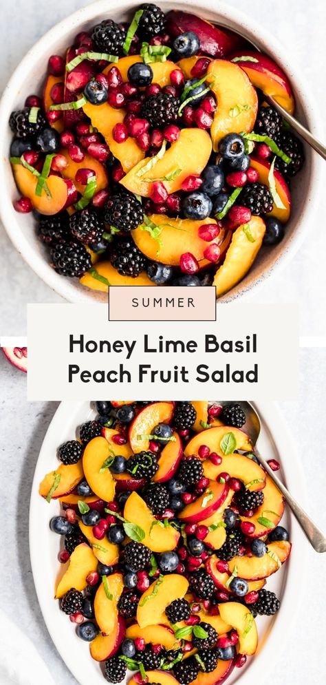 Gorgeous honey lime basil peach fruit salad made with fresh peaches, blackberries, blueberries and pomegranate. This summer peach fruit salad recipe is lightly tossed with honey, lime juice, and fresh basil leaves for a fresh side dish that's perfect for bbq's and parties! #fruitsalad #sidedish #peachrecipe #peaches #blueberries #blackberries Peach Fruit Salad, Salad With Honey Lime Dressing, Peach Salad Recipes, Fruit Salad Ingredients, Side Dishes For Ham, Side Dishes For Salmon, Burger Side Dishes, Honey Lime Dressing, Blueberry Salad